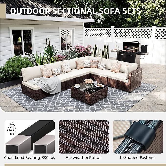UPHA 9 Pieces Patio Furniture Sets, Wicker Outdoor Sectional Sofa Couch with Round Propane Pit for Deck Backyard Garden, Brown Rattan, White Cushion
