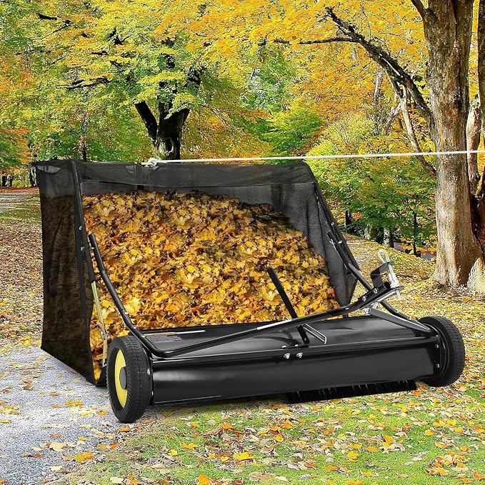 Garvee 48" Tow-Behind Lawn Sweeper – 26 cu.ft. Large-Capacity Pull-Behind Grass & Leaf Collector, Heavy-Duty Adjustable Height, Dumping Rope Design for Easy Debris Disposal, Fits Tractors & ATVs