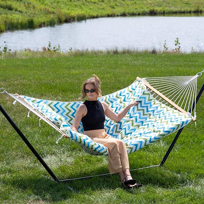 Sunnydaze Rope Hammock with Stand for Outside- 275-Pound Capacity - Includes 12-Foot Hammock Stand, Spreader Bar, Pad, and Pillow - Blue and Green Chevron