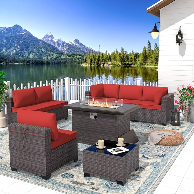 Patio Furniture Set with Fire Pit Table 8 Pieces Outdoor Sectional Sofa Set,PE Rattan Wicker Patio Conversation Set w/43in 55000 BTU Propane Fire Pit Table,Red