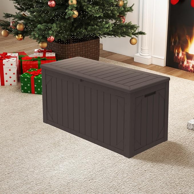 Outdoor Storage Box 100GAL Waterproof Resin Deck Box,UV-Resistant Lockable Package Delivery Bin for Garden Tools,Large Patio Outside Cushions,Pool Accessories Supplies,Chest,Furniture,Brown