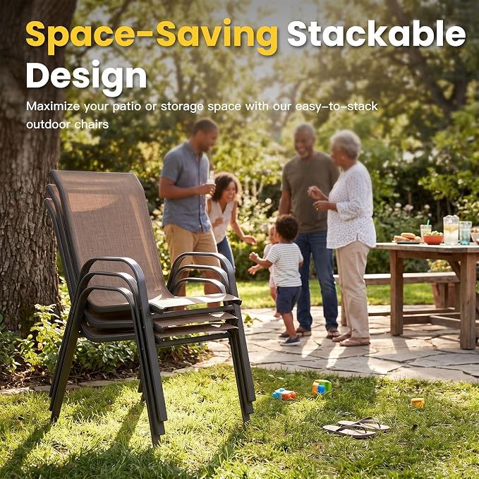 VICLLAX Outdoor Dining Set for 10, All Weather Metal 11 Pieces Patio Set-63 Round Outdoor Table and Stackable Chairs for Lawn Garden and Backyard, Walnut Wood Grain Tabletop