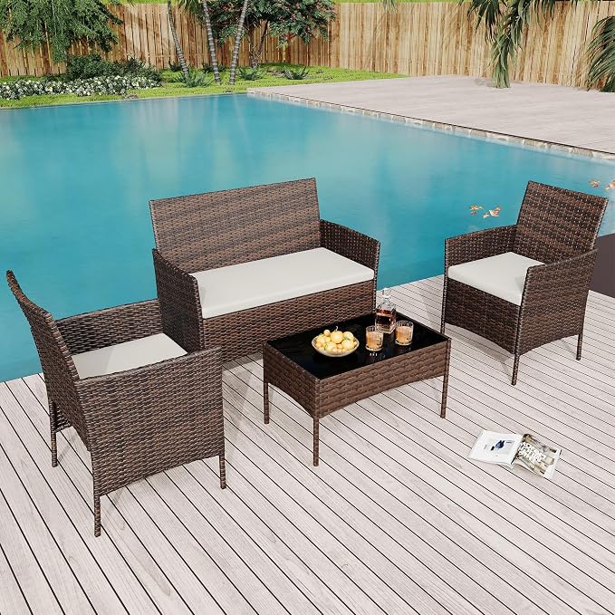 4-Piece Outdoor Patio Furniture Set,Wicker Furniture with Coffee Table, Modern Porch Chairs Conversation Set, Weather-Resistant, Outdoor Indoor Use Backyard Porch Garden Poolside Balcony,Brown&Beige