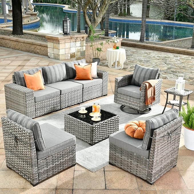 HOOOWOOO Outdoor Patio Sectional Furniture Sofa Set with Swivel Rocking Chair,8 Piece Modern Wicker Couch with Widened Armrest,Modular Conversation Seating Set for Garden(Grey Strips)
