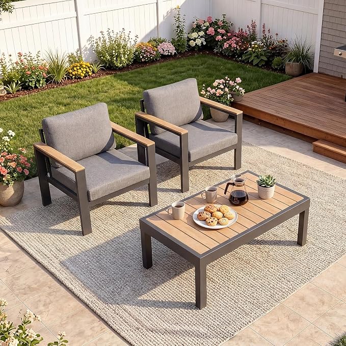 3-Piece Balcony Patio Furniture Set, Gray Aluminum Outdoor Chair Set with 2 Single Patio Chairs & Coffee Table, 1.5mm Thick Rustproof Frame, Waterproof Removable Cushions for Small Balcony Front Porch