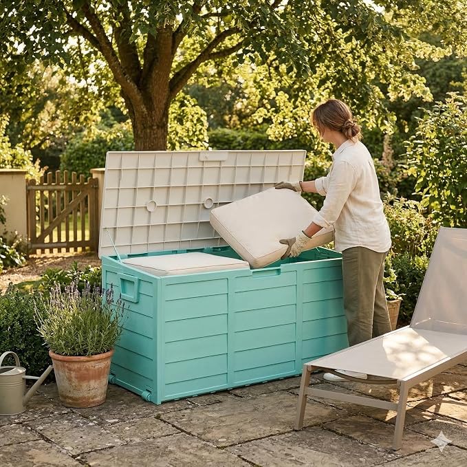 75 Gallon Outdoor Storage Deck Box, Weatherproof Resin Garden Storage Bin with Wheels and Handles, Lockable Toy Chest & Patio Cushion Box for Yard and Pool, Mint Green