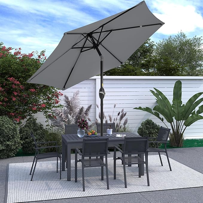 SUNVIVI OUTDOOR 7.5' Outdoor Patio Umbrella, Patio Umbrella, Market Umbrella, Aluminum Pole Umbrella with Push Button Tilt and Crank, 6 Ribs, Polyester Canopy, Grey