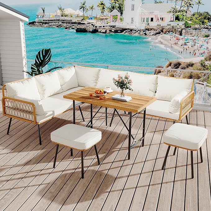 GarveeLife 6 Pieces Patio Furniture Sets Wicker Outdoor Sectional L-Shaped with Cushions & Wood Dining Table and Chairs Set, Boho Rattan 8 Seater Conversation Sets for Balcony, Backyard, Beige