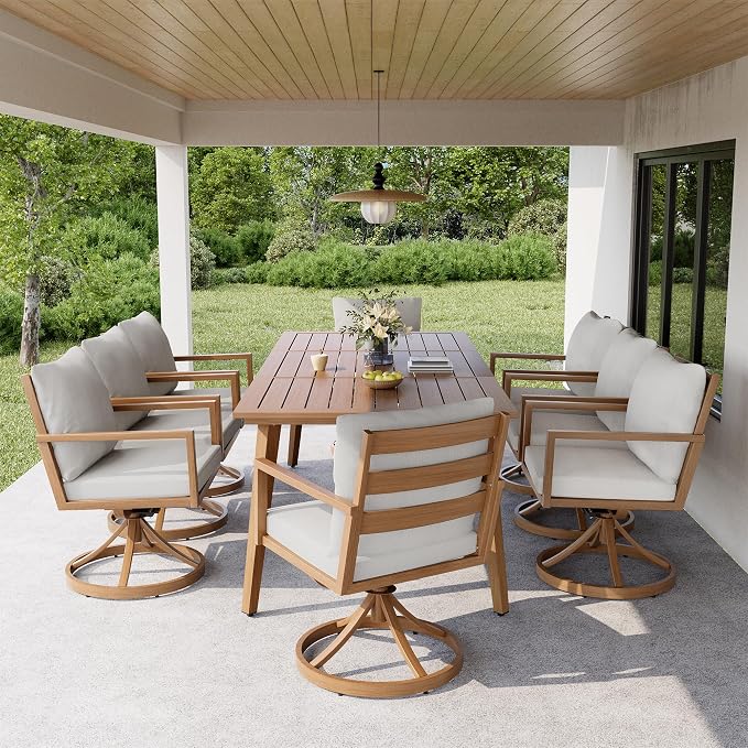 HAPPATIO Outdoor Dining Set, 9-Piece Patio Aluminum Dining Set with Wood-Like Hand-Painted Finish, 8 Swivel Rockers with Waterproof Cushions, Easy Assembly for Backyard, Garden, Porch,Grey Cushion