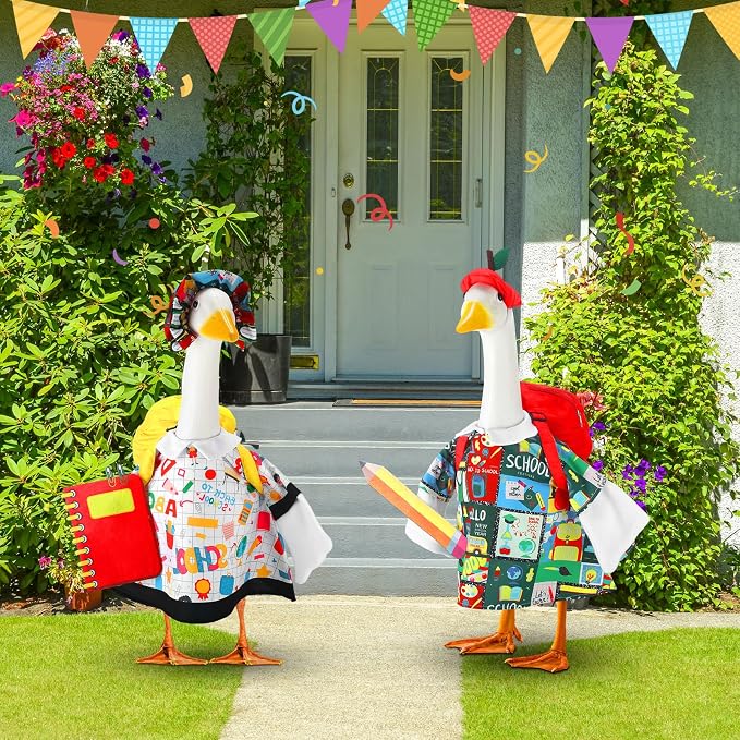 Abbylike 2 Set Back to School Porch Goose Outfit First Day of School Yard Goose Costume Clothes with Bag Pencli and Notebook Fits Large 23'' Cement for Garden Pathway Statue Decor