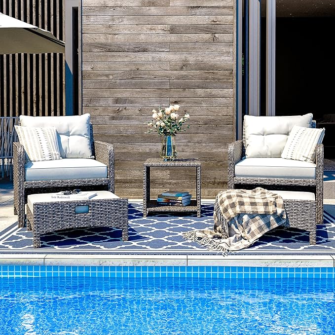 5 Piece Patio Furniture Set, All-Weather Patio Furniture with Soft Cushions, PE Wicker Patio Sofa Set with Coffee Table and Ottoman, for Outdoor, Porch, and Balcony (Light Grey-Grey)