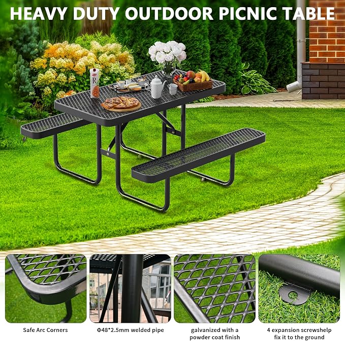 6FT Steel Metal Picnic Table with Benches, Rectangular Lifetime Picnic Table, Outdoor Furniture Heavy Duty Sturdy Commercial Picnic Tables for Patio Garden Courtyard BBQ Shopping Centers