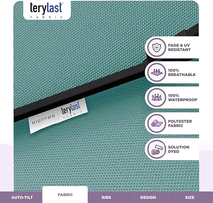 Midtown Umbrellas - 10-Year-No-Fade 8 Ft Patio Umbrella with Terylast Fabric, Auto-Tilt Aluminum Frame and 8 Reinforced Ribs for Deck, Pool, Garden & Beach - Aqua Canopy, Black Pole