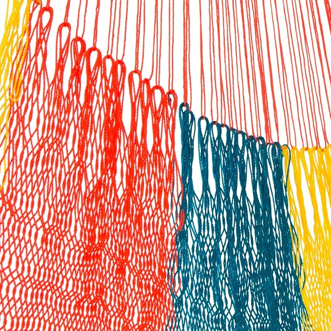 NOVICA Bright Yellow Red Teal Blue Striped Hand Woven Nylon Mayan Matrimonial Family Size XXL Rope Hammock with Hanging Accessories, 'Citrus Punch' (Triple)