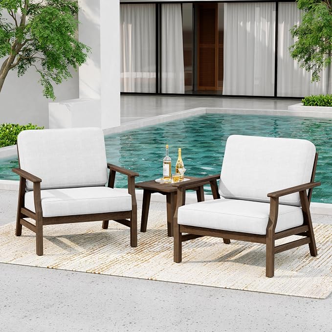 3 Piece Wood Patio Chair Outdoor Bistro Set, Outdoor Armchair All Weather Patio Sofa Furniture Backyard Conversation Sets with Wooden Side Table, Beige