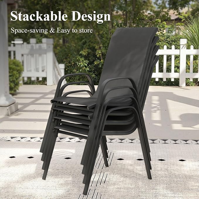 7 Pieces Outdoor Dining Set, 47.2" Round Table with Umbrella Hole & Stackable Patio Dining Chairs, Patio Table and Chairs Set for Deck Garden Porch, Black Chairs & Black Table