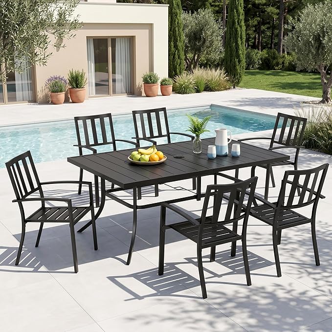 MFSTUDIO Outdoor Dining Set for 6, Patio Table and Chairs Set with Umbrella Hole, 7 Piece Metal Patio Dining Set for Deck Backyard Poolside Garden
