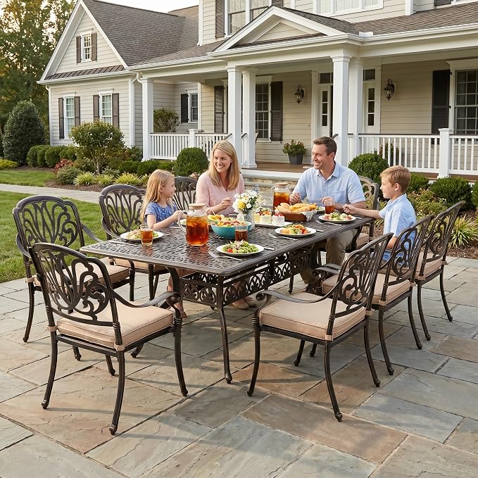 9-Piece Cast Aluminum Outdoor Dining Set Retro Patio Dining Set for 8 Includes 86.6’’ Rectangular Table and 8 Chairs with Removable Cushion and Umbrella Hole for Patio Deck Garden Porch