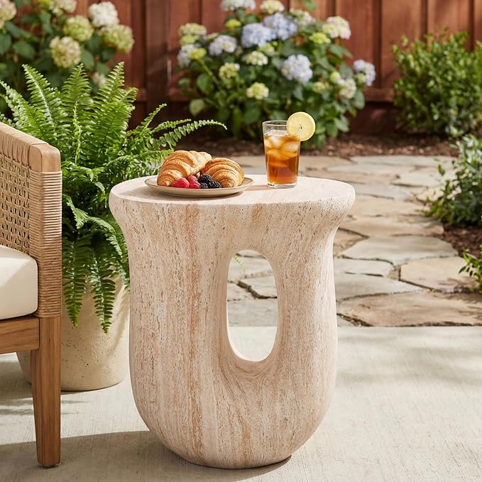 Christopher Knight Home 18.9 Inch Modern U Shaped Accent Table, Sculptural MGO Stone Look Side Table for Indoor Outdoor Garden Balcony Living Room Entryway Bedroom