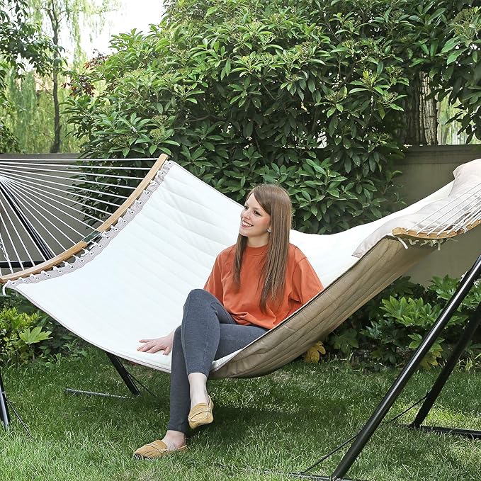 SONGMICS Hammock, Quilted Hammock with Curved Bamboo Spreaders, Pillow, 78.7 x 55.1 Inches, Portable Padded Hammock Holds up to 495 lb, Cream and Beige UGDC34BE