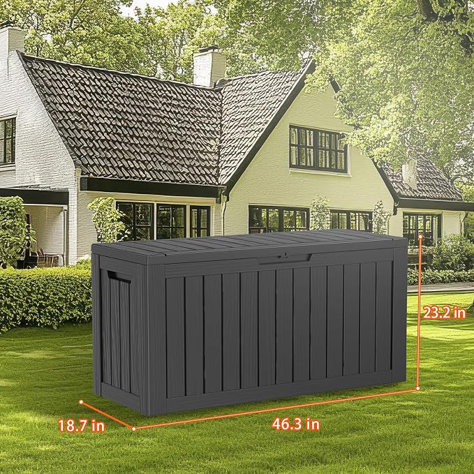 PatioZen 90 Gallon Resin Deck Box, Lockable Patio Outdoor Storage Box for Furniture, Garden Tools and Tools Storage, Waterproof Outside Storage Box - Black