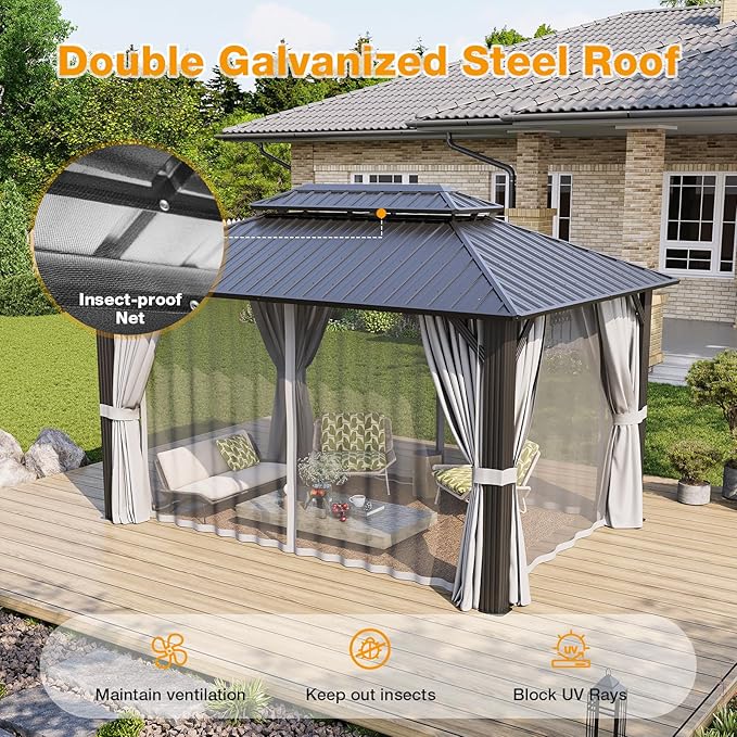 10x14FT Hardtop Gazebo, Metal Frame with Double Galvanized Steel Roof, Permanent Outdoor Pergola with Curtains and Netting Included for Backyard, Patio, Lawn and Garden, Gray
