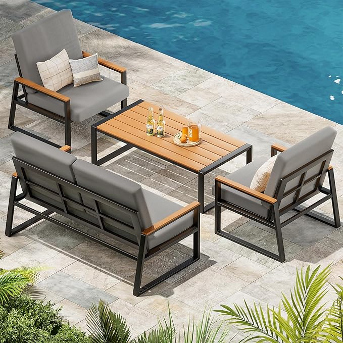 Gizoon 4-Piece Outdoor Patio Furniture Set with Coffee Table and Removable Cushions, Metal Patio Conversation Set for Family, Yard, Poolside (Gray)