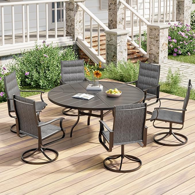UDPATIO 7 Piece Outdoor Patio Dining Set, Outdoor Patio Table and Chairs Set, 51" Round Table with Umbrella Hole, Patio Swivel Chairs, Patio Table with Chairs for Lawn, Deck, Yard, Backyard