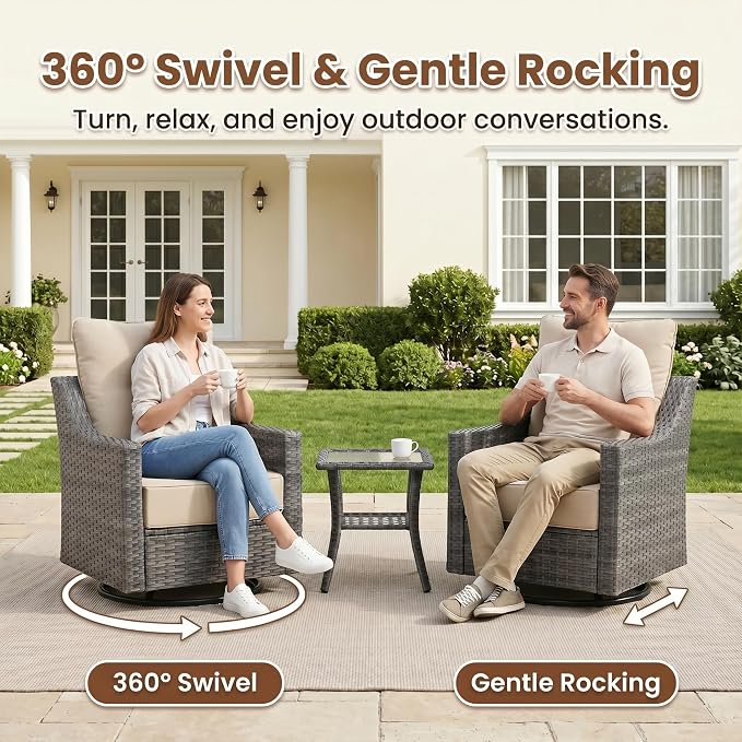 6-Piece Outdoor Patio Furniture Set, Grey Wicker Conversation Set with Sofa, 2 Swivel Chairs, 2 Ottomans and Rectangular 60,000 BTU Fire Pit Table, Beige Cushions