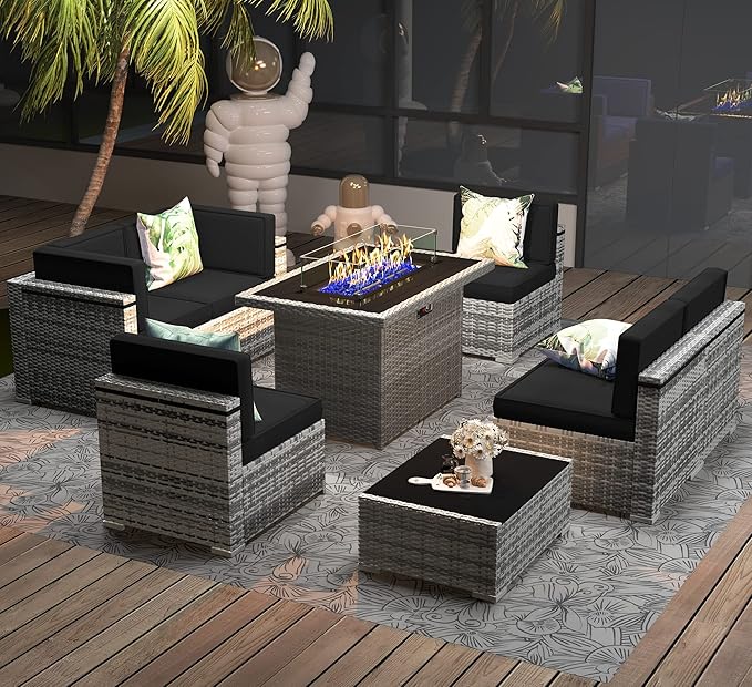 8 Pieces Patio Furniture Set with 44" Propane Gas Fire Pit Table, Outdoor Sectional Wicker Conversation Sofa Sets with Coffee Table