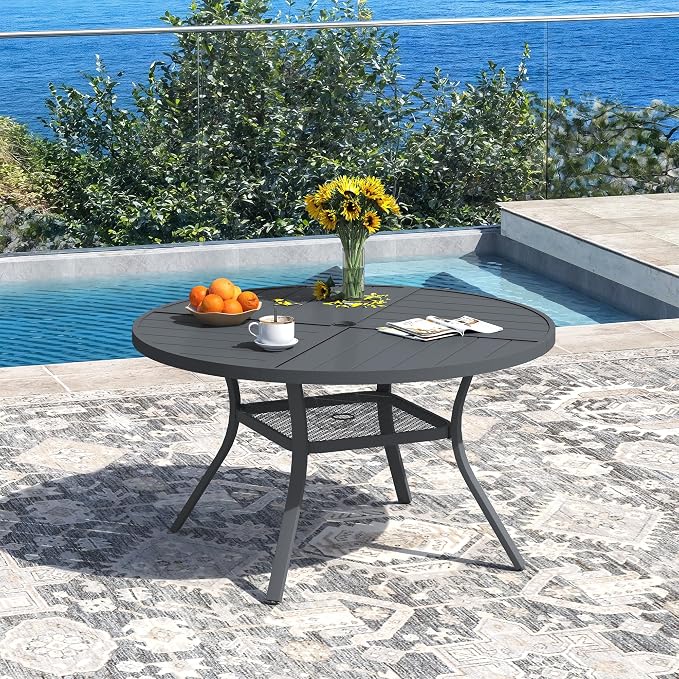 DIFY 5 Pieces Outdoor Dining Set, Metal Patio Table and Chairs Set for 4, 40.6" Round Dining Table with Umbrella Hole & Wicker Swivel Patio Chairs with Cushions, Grey Tabletop