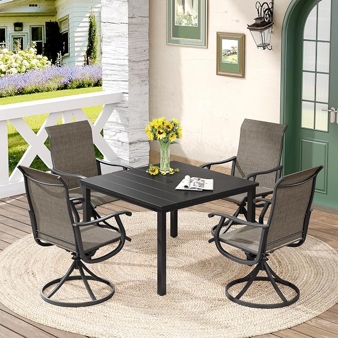 DIFY Patio Table and Chairs Set for 4, 5 Piece Outdoor Dining Set Includes 40.2" Black Square Metal Dining Table with Umbrella Hole and 4 Brown Textilene Swivel Patio Chairs, for Garden Backyard Deck