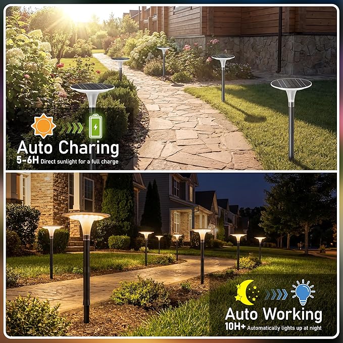 JOFIOS Solar Pathway Lights 4 Pack, 3 Color Modes, 200LM 58 LEDs Bright Landscape Lighting, 2000mAh Battery 10H+ Runtime, IP65 Waterproof Modern Walkway Lights for Garden Yard Driveway