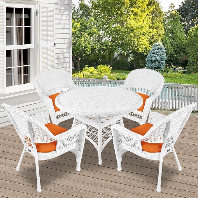 Jeco 5 Piece Resin Wicker Outdoor Patio Dining Set in White with Orange Cushion