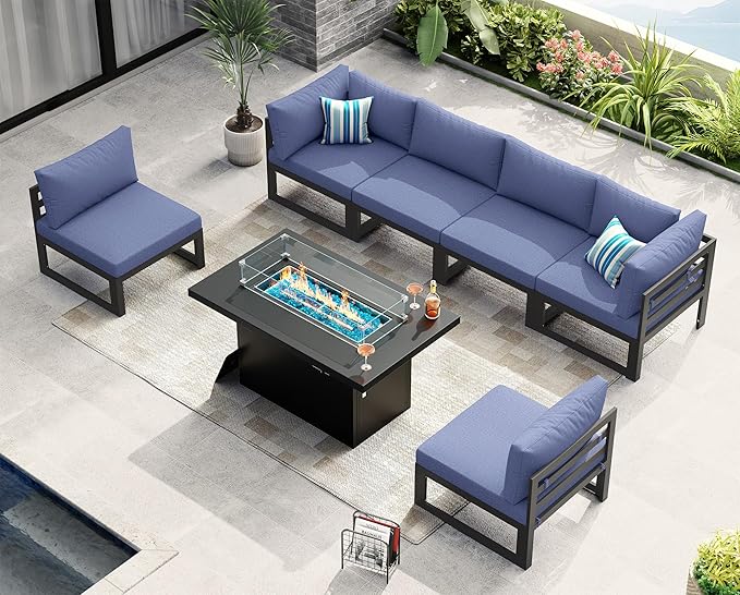 NICESOUL 6 Seat Modern Aluminum Patio Furniture Set with Fire Pit Table, 500lbs Heavy Duty Outdoor Sectional Sofa, 29" Deep Wide Oversized Seating L Shaped Conversation Couch for Garden, Denim Blue
