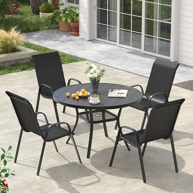 VICLLAX Round Patio Dining Set for 4, Metal Slatted Patio Table with Umbrella Hole and Stackable Patio Chairs for Deck Lawn Garden, Black Fabric and Black Tabletop