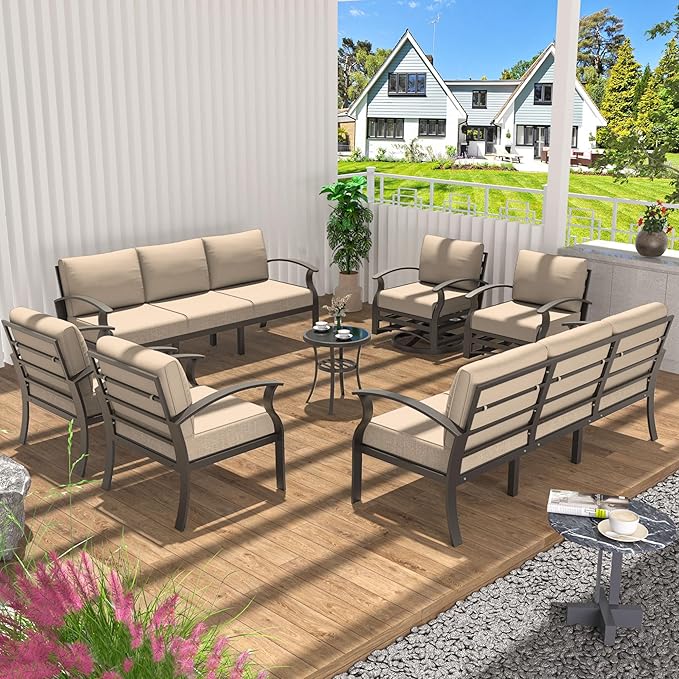 Aluminum Patio Furniture Set Patio Conversation Set,10 Seats Metal Modern Outdoor Furniture w/5.1" Cushions,Patio Sectional w/Swivel Chairs for Patio,Backyard,Sand