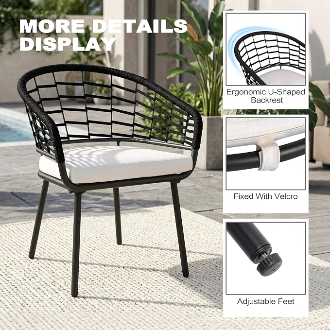 NUU GARDEN 5-Piece Patio Dining Set, 4 Woven Rope Chairs with Beige Cushions, Square Table with Slatted Tabletop and Umbrella Hole, Patio Table and Chair Set for Garden and Poolside, Black