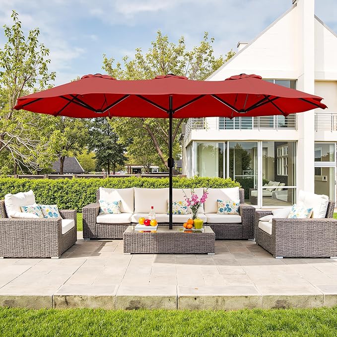Vongrasig 15FT Large Patio Umbrella with Base Included, Outdoor Double sided Umbrellas with Crank Handle, Rectangle Table Umbrella for Pool Lawn Garden Market