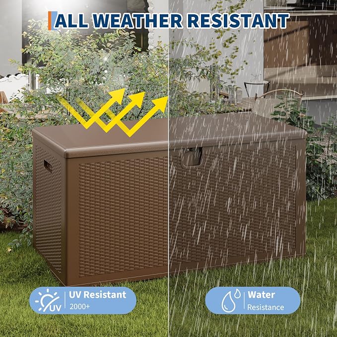 150 Gallon Resin Deck Box, Heavy Duty Outdoor Storage Box with Lockable Lid, Waterproof Weatherproof Container for Patio Cushions, Garden Tools, Backyard & Porch – Brown