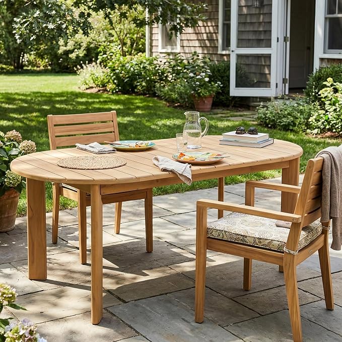Merax Patio Outdoor Acacia Wood Oval Outdoor Dining Table with Sturdy Legs for Backyard, Lawn, Balcony, Light Teak