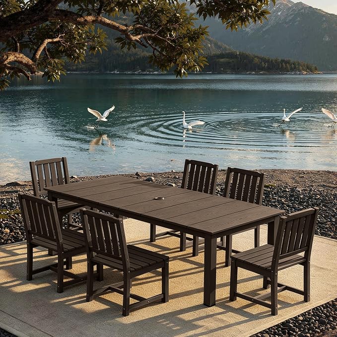 AreShark 5-Piece Outdoor Dining Set,HDPE Patio Table with 4 Armless Chairs,All-Weather Patio Furniture Set with Umbrella Hole,Low Maintenance Wood Grain Dining Set for Backyard,Garden,Poolside,White