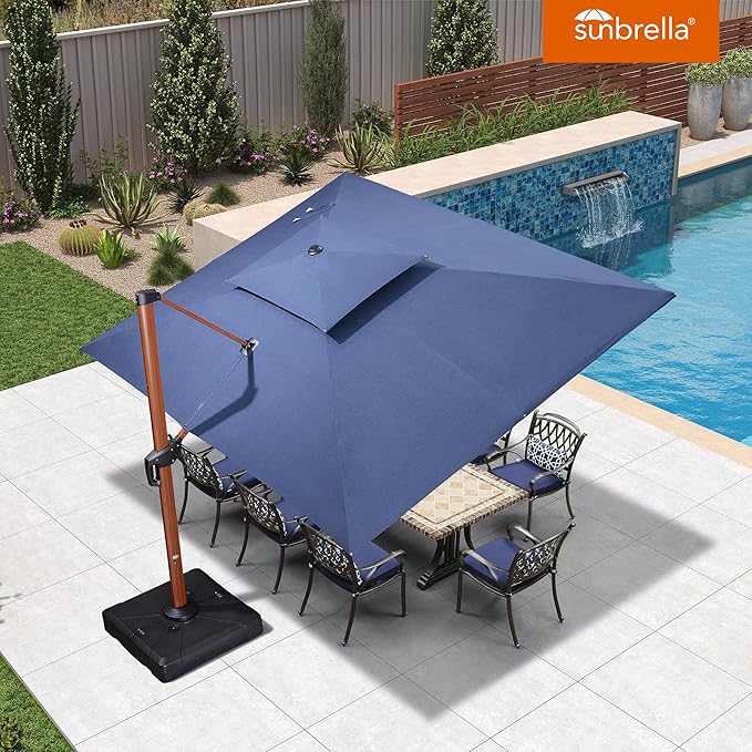 PURPLE LEAF 10' X 13' Patio Large Cantilever Umbrella Double Top Deluxe Outdoor Rectangle Wood Pattern Umbrellas Offset Umbrella Heavy Duty Sun Umbrellas for Garden Deck Pool, Spectrum Indigo
