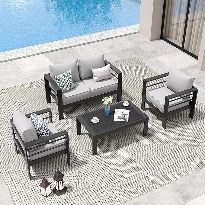 Amopatio Aluminum Patio Furniture, 5 Pcs Metal Modern Patio Furniture Set, Outdoor Sectional Sofa for Balcony, Garden (Included Waterproof Covers)