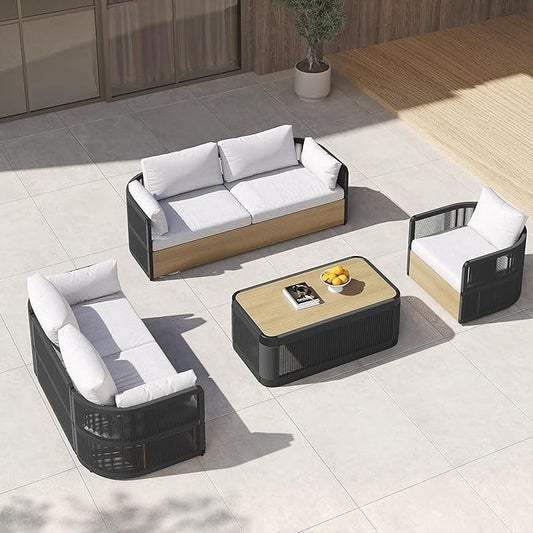 homary 4-Pieces Outdoor Sectional Sofa Set, Aluminum & Rope Patio Swivel Sofa Furniture for 6 with Coffee Table, Modern Outdoor Conversation Set for Gardens, Patios & Balconies