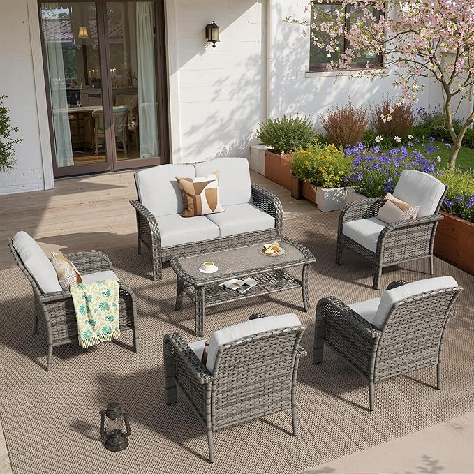 6 PCS Outdoor Patio Furniture Set with Glass Table, All-Weather Rattan Wicker Outdoor Conversation Set with Thickened Cushions for Balcony Backyard Garden Lawn,Grey