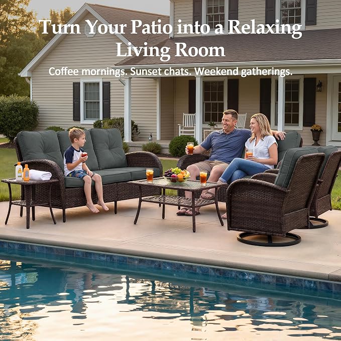 UPHA 6 Pieces Patio Furniture Sets, Wicker Outdoor Sofa Set with Loveseat & 3-Seat Couch, Swivel Chairs, Patio Conversation Set for Deck Backyard Garden, Brown Rattan, Gray Cushion
