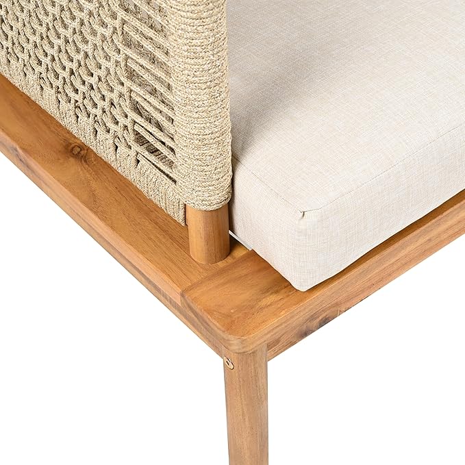 Christopher Knight Home Coby 3-Piece Acacia Wood Patio Furniture Set, Outdoor Conversation Sofa Set with Coffee Table and Ottoman, Patio Sectional Chat Set for Backyard or Balcony, Teak+Beige