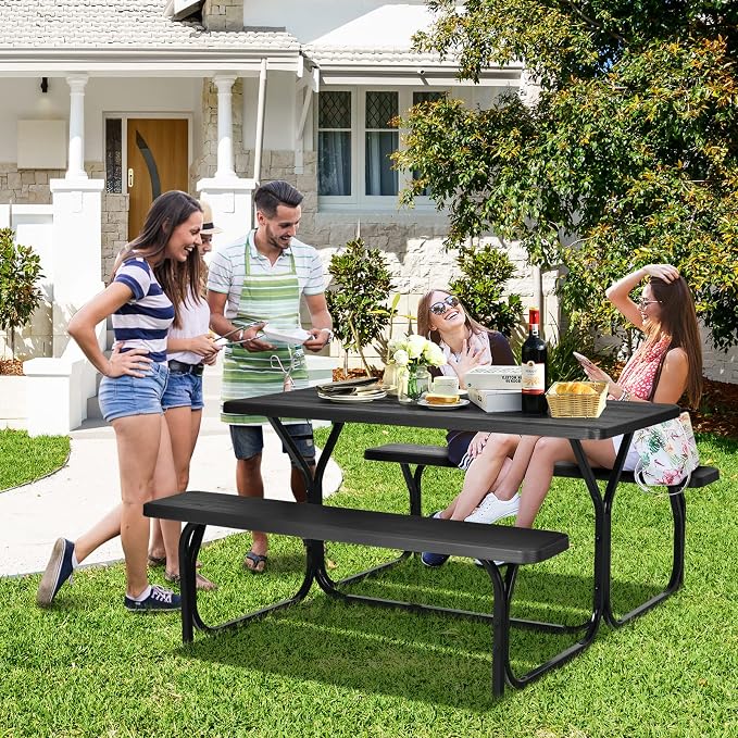 ORALNER Picnic Table, Resin Dining Table & 2 Benches Set, Weather Resistant Wood Grain Tabletop & Steel Frame, Plastic Picnic Tables for Outdoors, Porch Yard Patio Lawn Party Camping (Black)