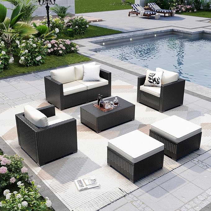 LazySunsets 6-Piece Outdoor Patio Furniture Set, Rattan Outdoor Sectional with Thick Waterproof Cushions, Wicker Ottomans & Waterproof Cover, Patio Conversation Set for Garden, Backyard, Beige